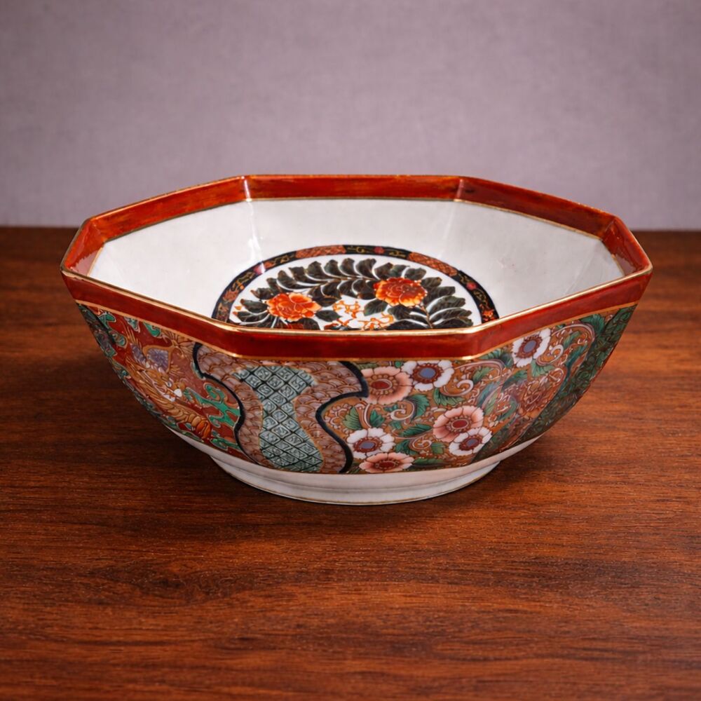 Vintage Saji Japan Imari Style Bowl Octagonal Red Gold Floral Asian Chinoiserie